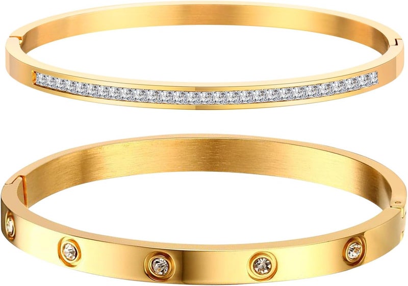 MPRAINBOW Gold Bracelets for Women, 2Pcs 18K Gold Plated Cubic Zirconia Bangle Crystal Friendship Bracelet Jewelry,Wedding Party Christmas Birthday Gifts for Her Girlfriend Sister Daughter - Image 1